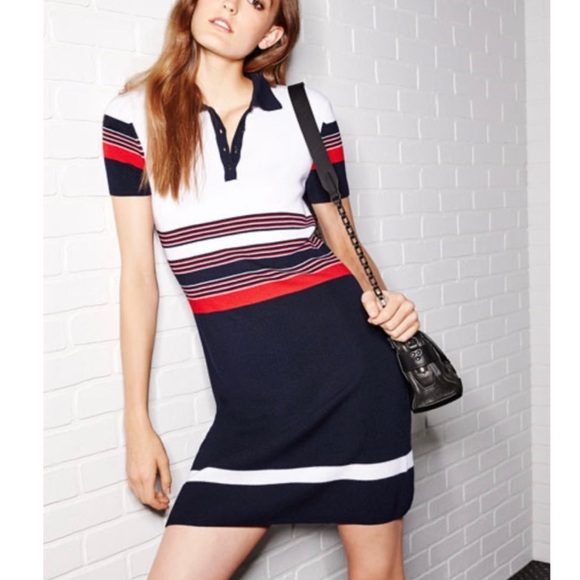 Rag & Bone ‘Krista’ Navy, Red, + Cream Striped Sweater knit collared mini dress - Picture 1 of 2